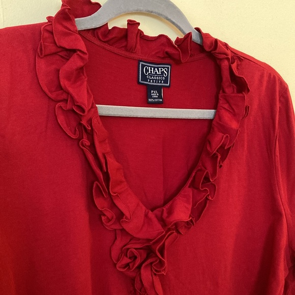 Chaps Tops - Chaps Classic Petite PXL Dark Red Ruffle Neck Long Sleeve Top Blouse ♥️